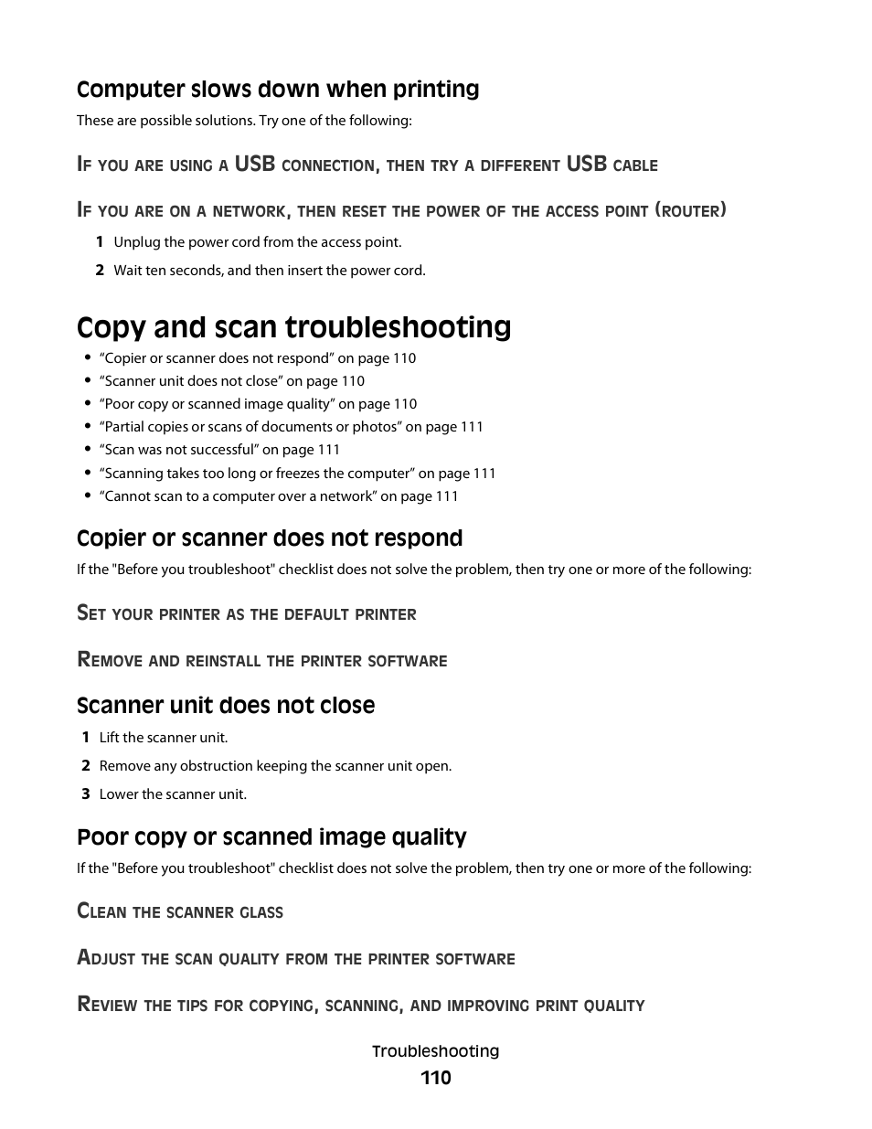 Computer slows down when printing, Copy and scan troubleshooting, Copier or scanner does not respond | Scanner unit does not close, Poor copy or scanned image quality | Dell V515w All In One Wireless Inkjet Printer User Manual | Page 110 / 141