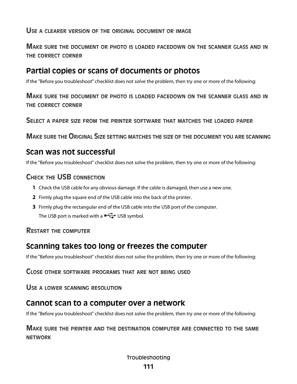 Partial copies or scans of documents or photos, Scan was not successful, Scanning takes too long or freezes the computer | Cannot scan to a computer over a network | Dell V515w All In One Wireless Inkjet Printer User Manual | Page 111 / 141