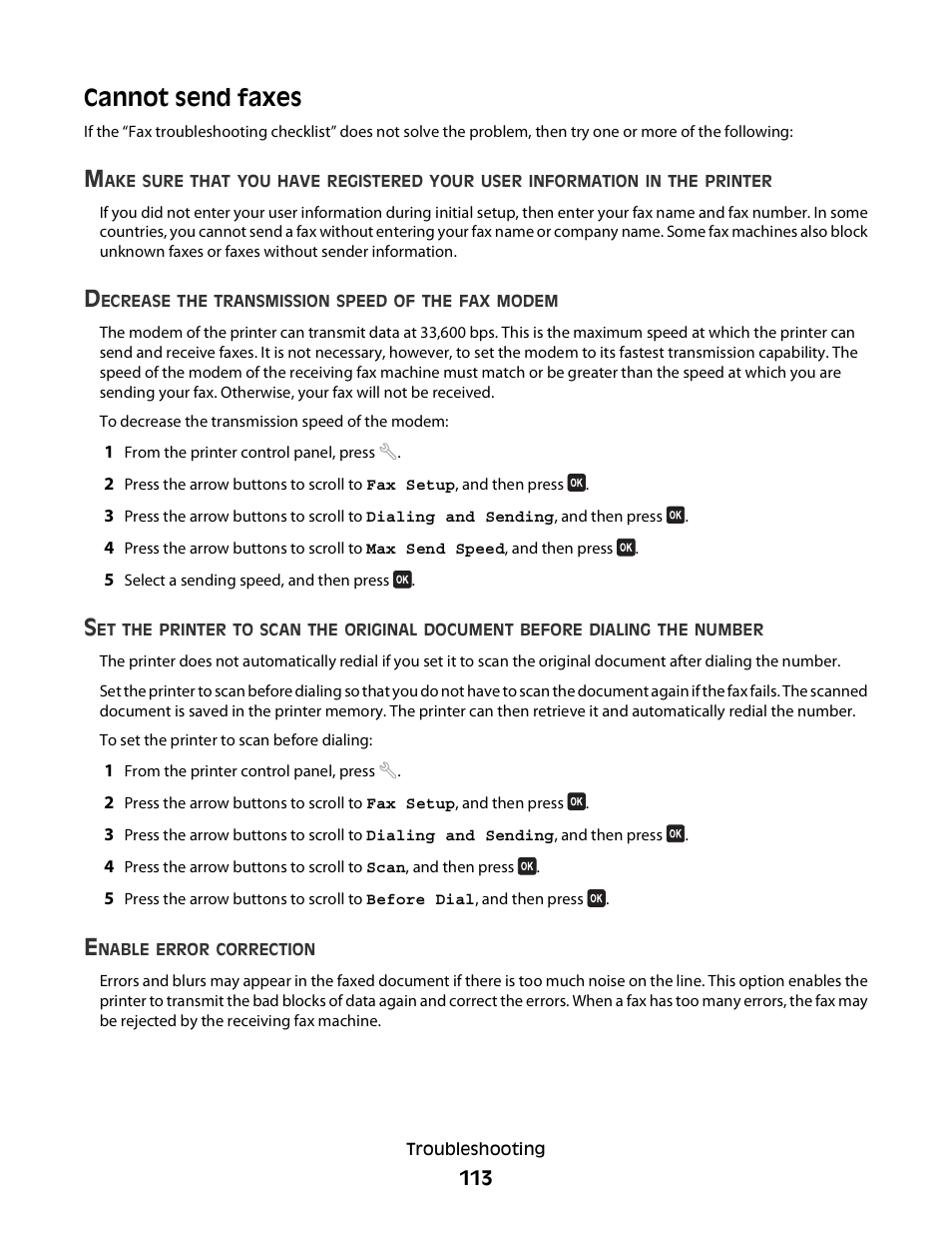 Cannot send faxes | Dell V515w All In One Wireless Inkjet Printer User Manual | Page 113 / 141