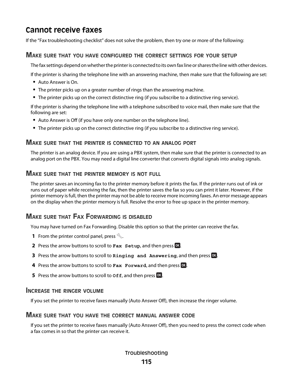 Cannot receive faxes | Dell V515w All In One Wireless Inkjet Printer User Manual | Page 115 / 141