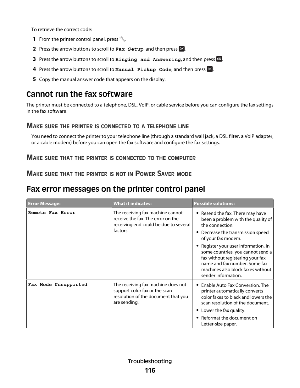 Cannot run the fax software, Fax error messages on the printer control panel | Dell V515w All In One Wireless Inkjet Printer User Manual | Page 116 / 141