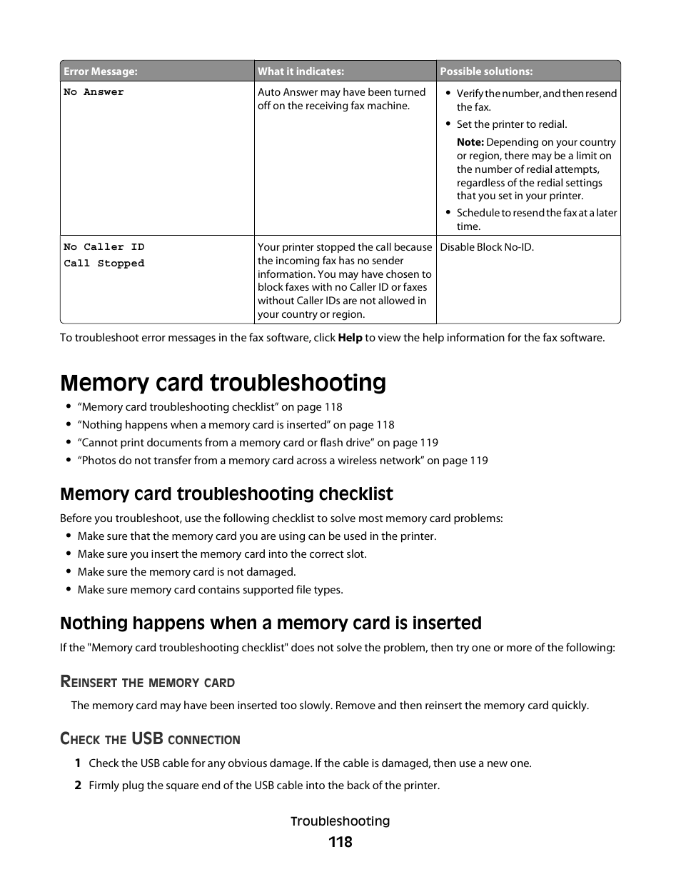 Memory card troubleshooting, Memory card troubleshooting checklist, Nothing happens when a memory card is inserted | Dell V515w All In One Wireless Inkjet Printer User Manual | Page 118 / 141
