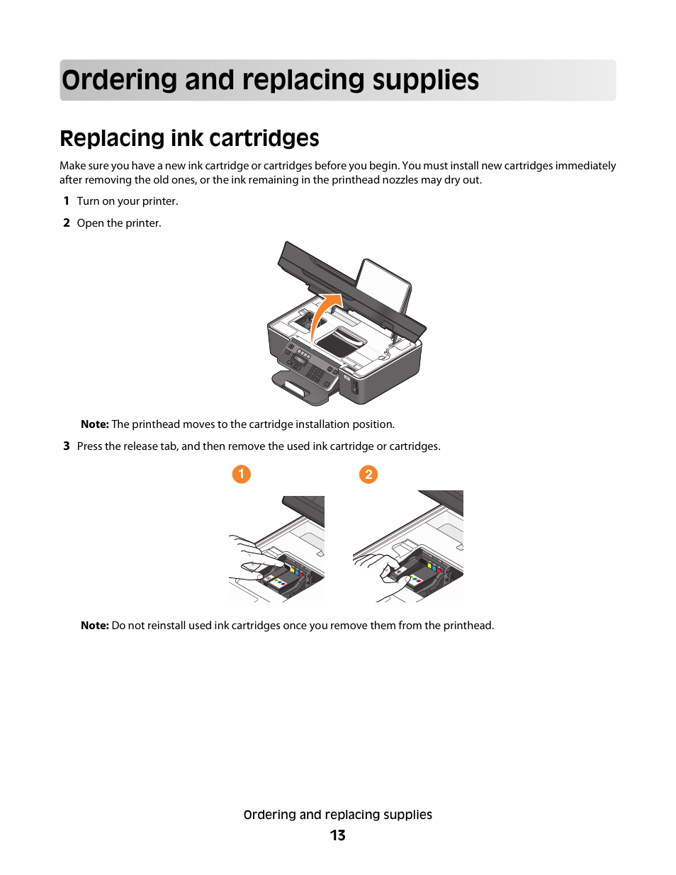 Ordering and replacing supplies, Replacing ink cartridges | Dell V515w All In One Wireless Inkjet Printer User Manual | Page 13 / 141