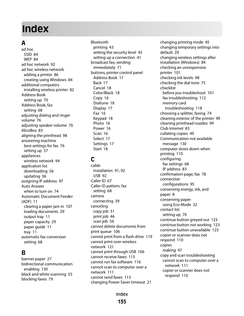 Index | Dell V515w All In One Wireless Inkjet Printer User Manual | Page 135 / 141