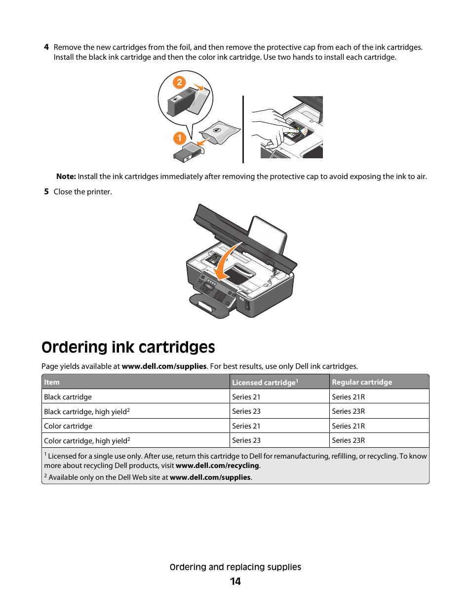 Ordering ink cartridges | Dell V515w All In One Wireless Inkjet Printer User Manual | Page 14 / 141