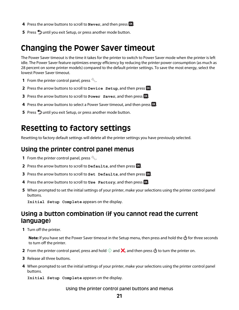 Changing the power saver timeout, Resetting to factory settings, Using the printer control panel menus | Dell V515w All In One Wireless Inkjet Printer User Manual | Page 21 / 141