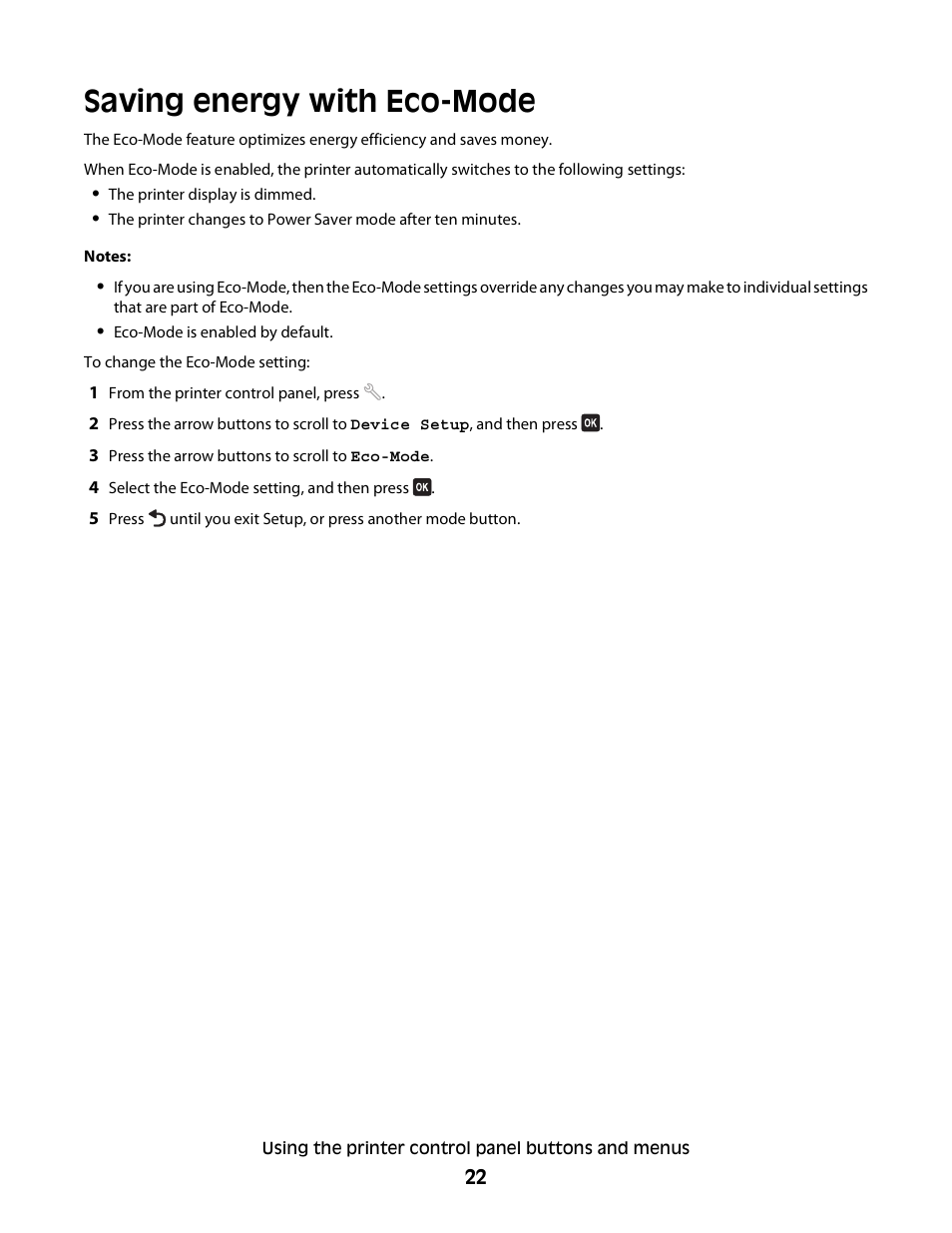 Saving energy with eco-mode | Dell V515w All In One Wireless Inkjet Printer User Manual | Page 22 / 141