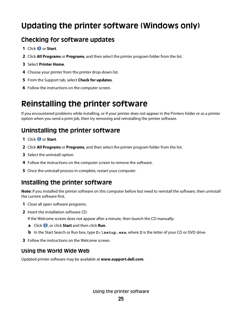 Updating the printer software (windows only), Reinstalling the printer software, Uninstalling the printer software | Installing the printer software, Checking for software updates | Dell V515w All In One Wireless Inkjet Printer User Manual | Page 25 / 141