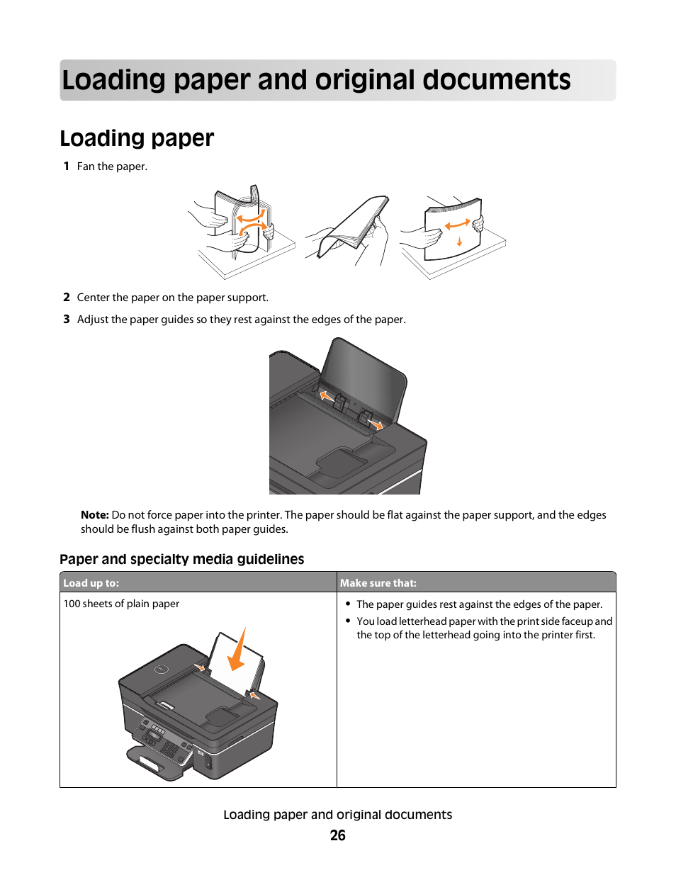Loading paper and original documents, Loading paper | Dell V515w All In One Wireless Inkjet Printer User Manual | Page 26 / 141