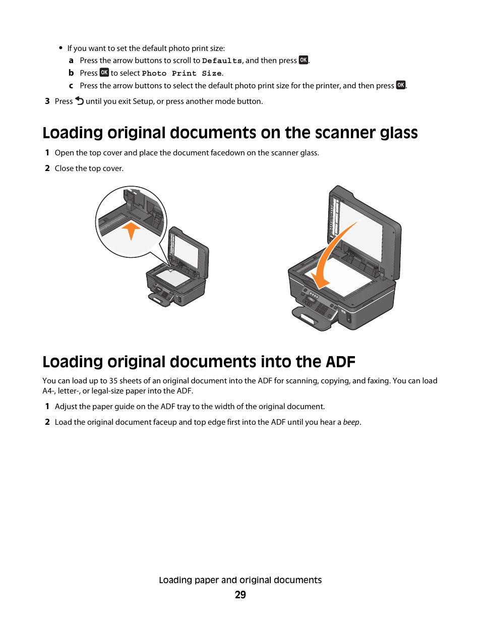 Loading original documents on the scanner glass, Loading original documents into the adf | Dell V515w All In One Wireless Inkjet Printer User Manual | Page 29 / 141