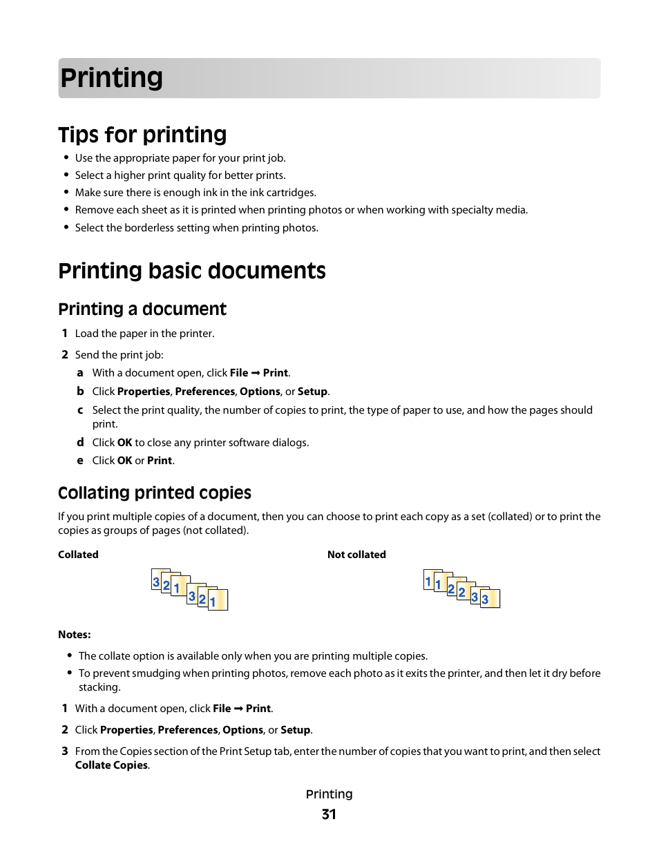 Printing, Tips for printing, Printing basic documents | Printing a document, Collating printed copies | Dell V515w All In One Wireless Inkjet Printer User Manual | Page 31 / 141