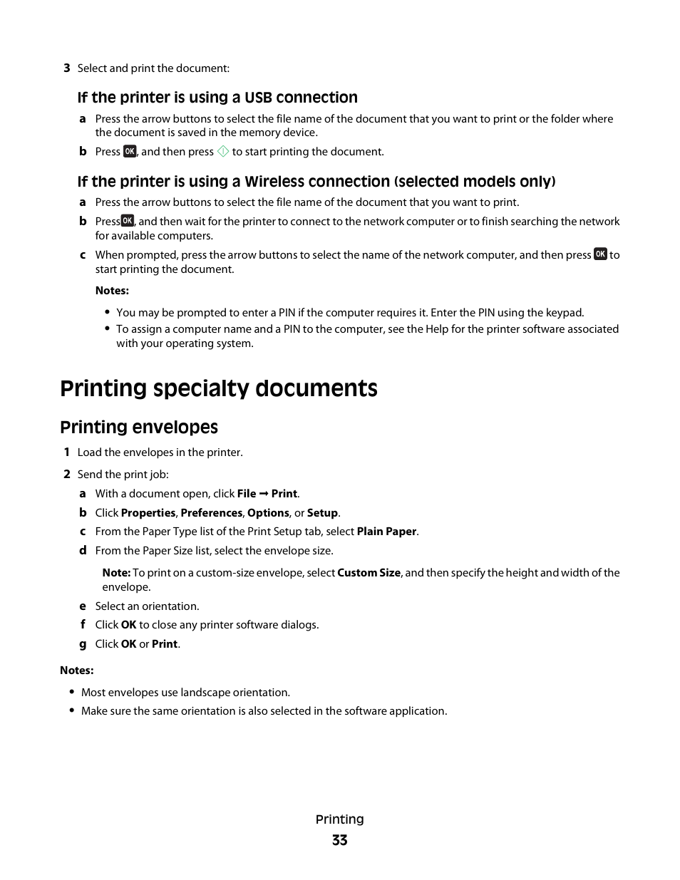 Printing specialty documents, Printing envelopes | Dell V515w All In One Wireless Inkjet Printer User Manual | Page 33 / 141