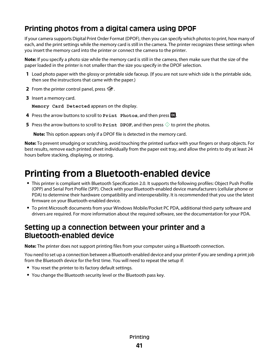 Printing photos from a digital camera using dpof, Printing from a bluetooth-enabled device | Dell V515w All In One Wireless Inkjet Printer User Manual | Page 41 / 141