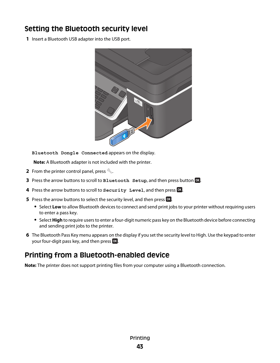 Setting the bluetooth security level, Printing from a bluetooth-enabled device | Dell V515w All In One Wireless Inkjet Printer User Manual | Page 43 / 141
