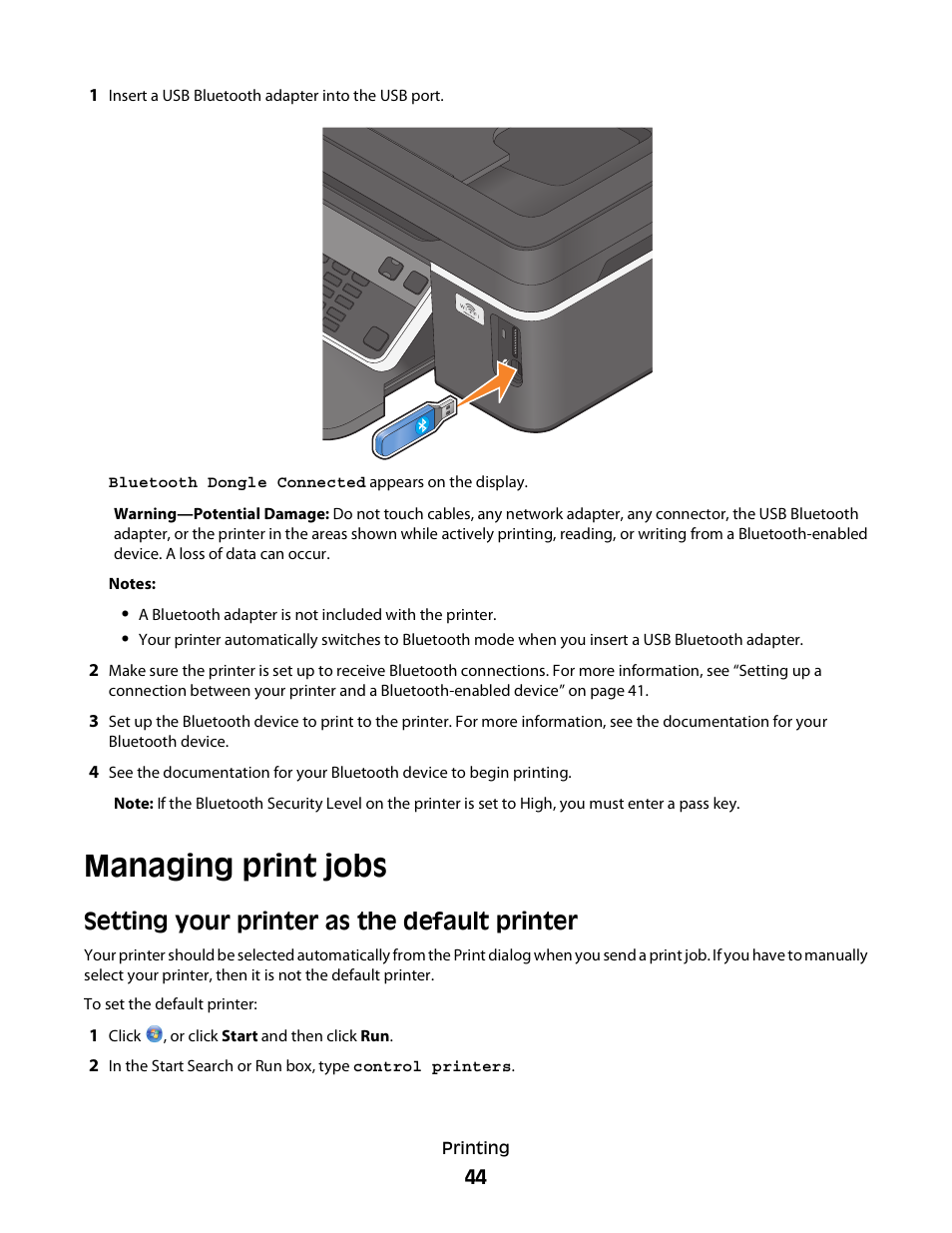 Managing print jobs, Setting your printer as the default printer | Dell V515w All In One Wireless Inkjet Printer User Manual | Page 44 / 141