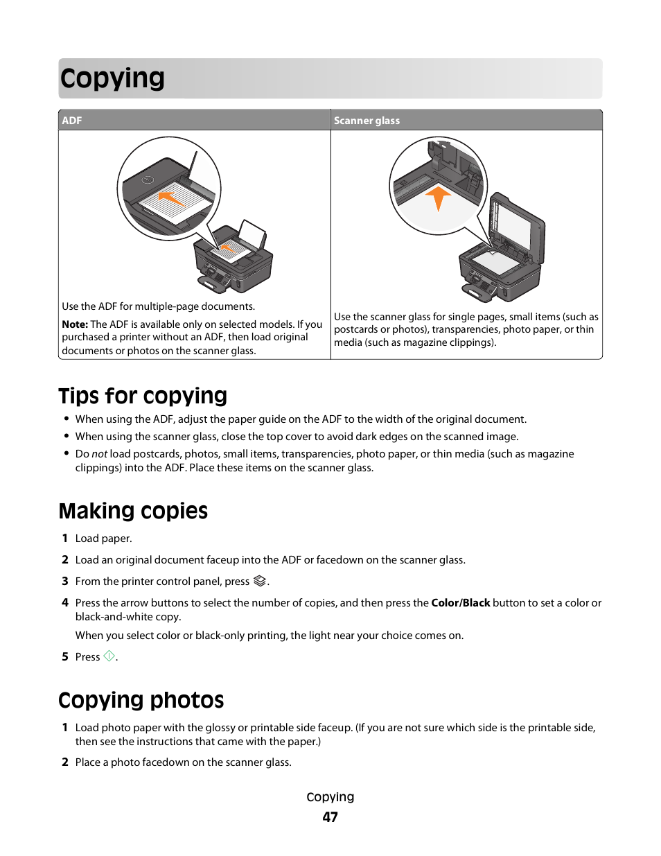 Copying, Tips for copying, Making copies | Copying photos | Dell V515w All In One Wireless Inkjet Printer User Manual | Page 47 / 141