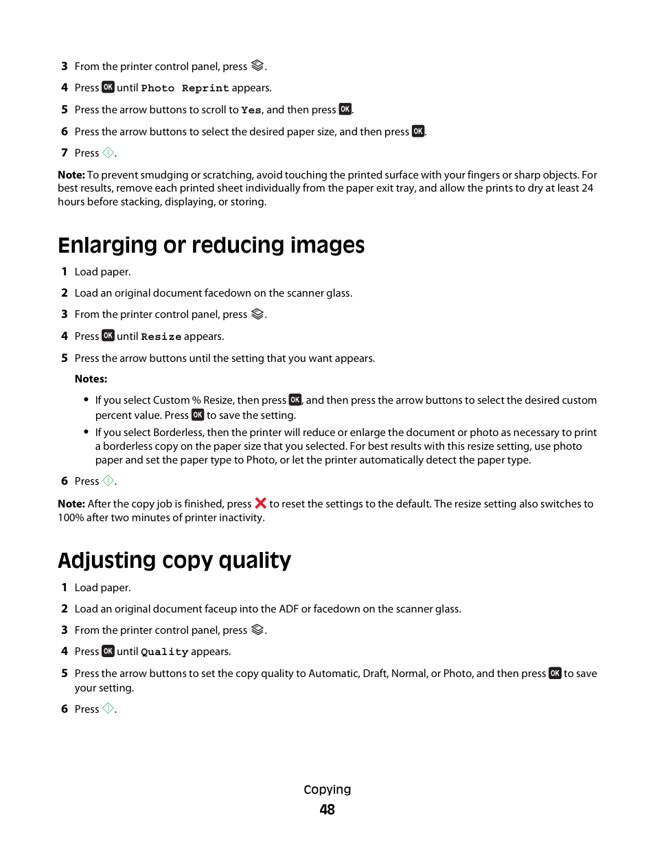 Enlarging or reducing images, Adjusting copy quality | Dell V515w All In One Wireless Inkjet Printer User Manual | Page 48 / 141