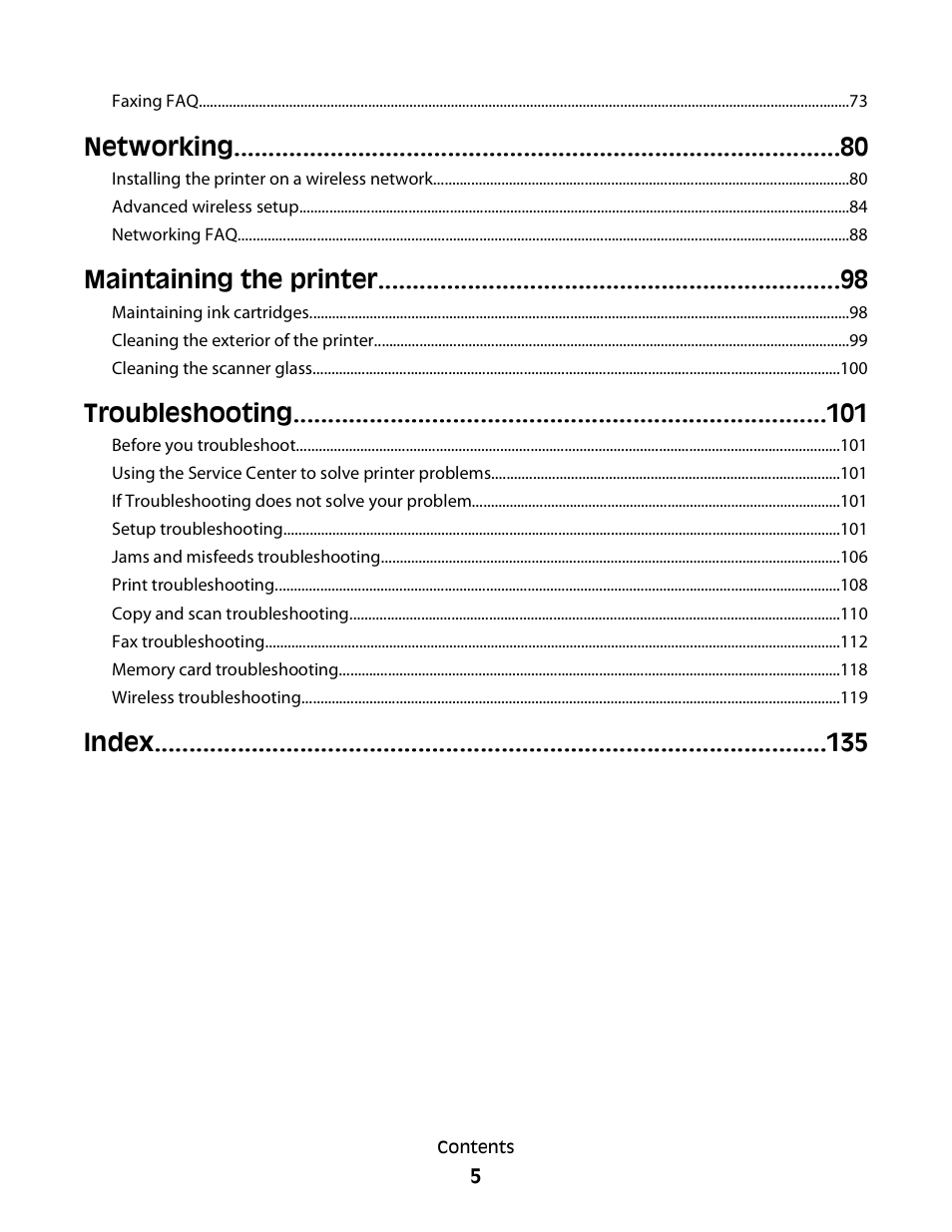 Networking, Maintaining the printer, Troubleshooting | Index | Dell V515w All In One Wireless Inkjet Printer User Manual | Page 5 / 141