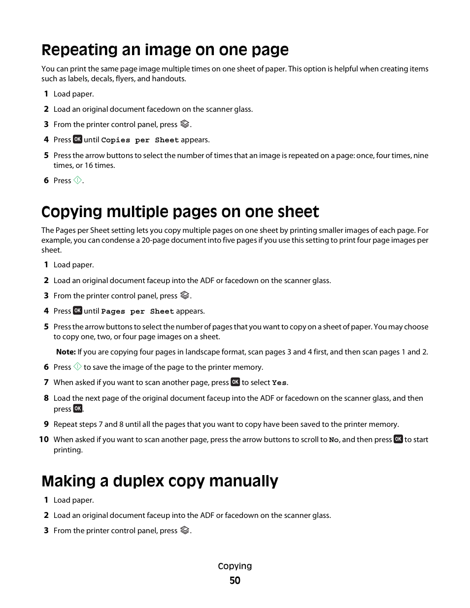 Making a duplex copy manually, Repeating an image on one page, Copying multiple pages on one sheet | Dell V515w All In One Wireless Inkjet Printer User Manual | Page 50 / 141
