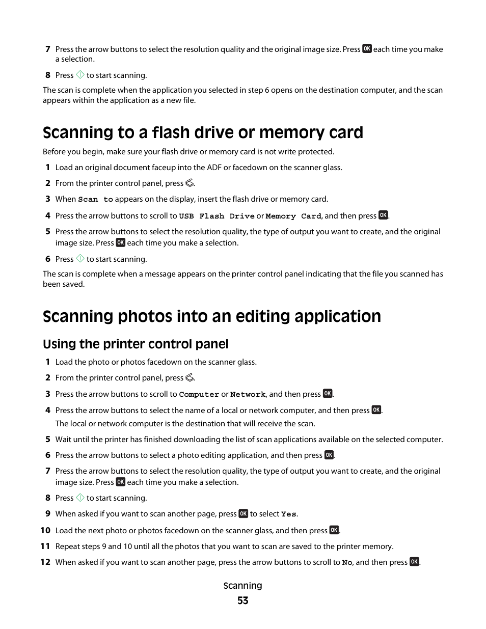 Scanning to a flash drive or memory card, Scanning photos into an editing application, Using the printer control panel | Dell V515w All In One Wireless Inkjet Printer User Manual | Page 53 / 141