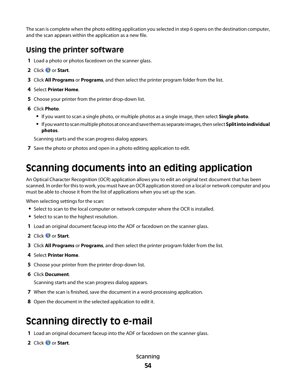 Scanning documents into an editing application, Scanning directly to e-mail, Using the printer software | Dell V515w All In One Wireless Inkjet Printer User Manual | Page 54 / 141