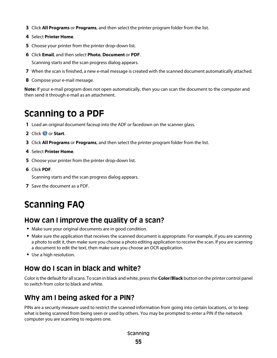 Scanning to a pdf, Scanning faq, How can i improve the quality of a scan | How do i scan in black and white, Why am i being asked for a pin | Dell V515w All In One Wireless Inkjet Printer User Manual | Page 55 / 141