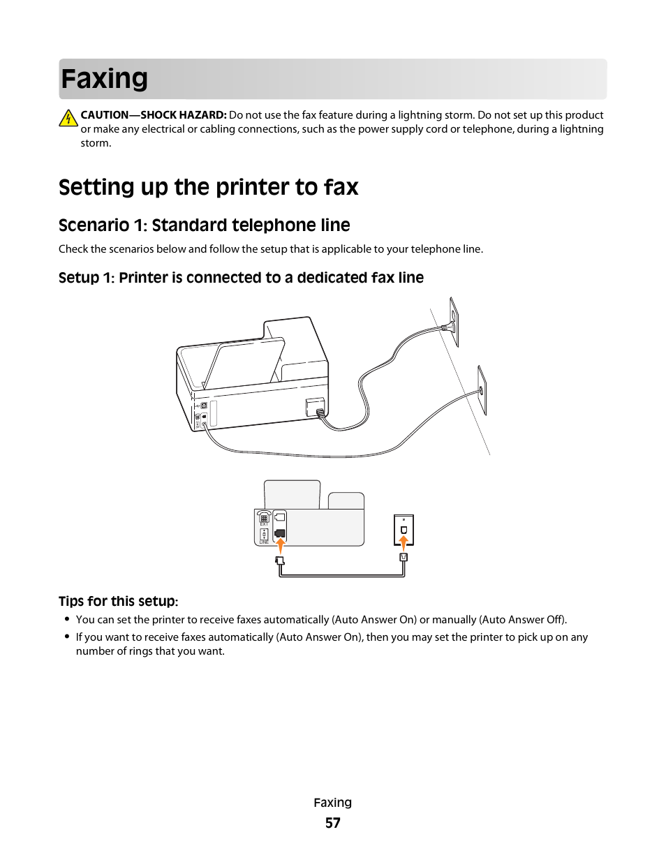 Faxing, Setting up the printer to fax, Scenario 1: standard telephone line | Dell V515w All In One Wireless Inkjet Printer User Manual | Page 57 / 141