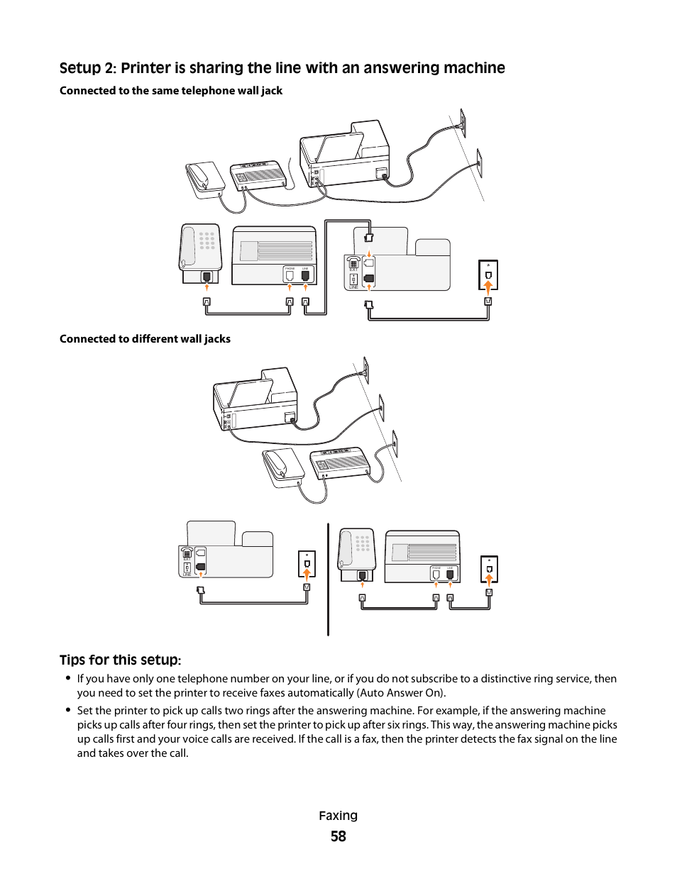 Tips for this setup, Connected to the same telephone wall jack, Connected to different wall jacks | Dell V515w All In One Wireless Inkjet Printer User Manual | Page 58 / 141