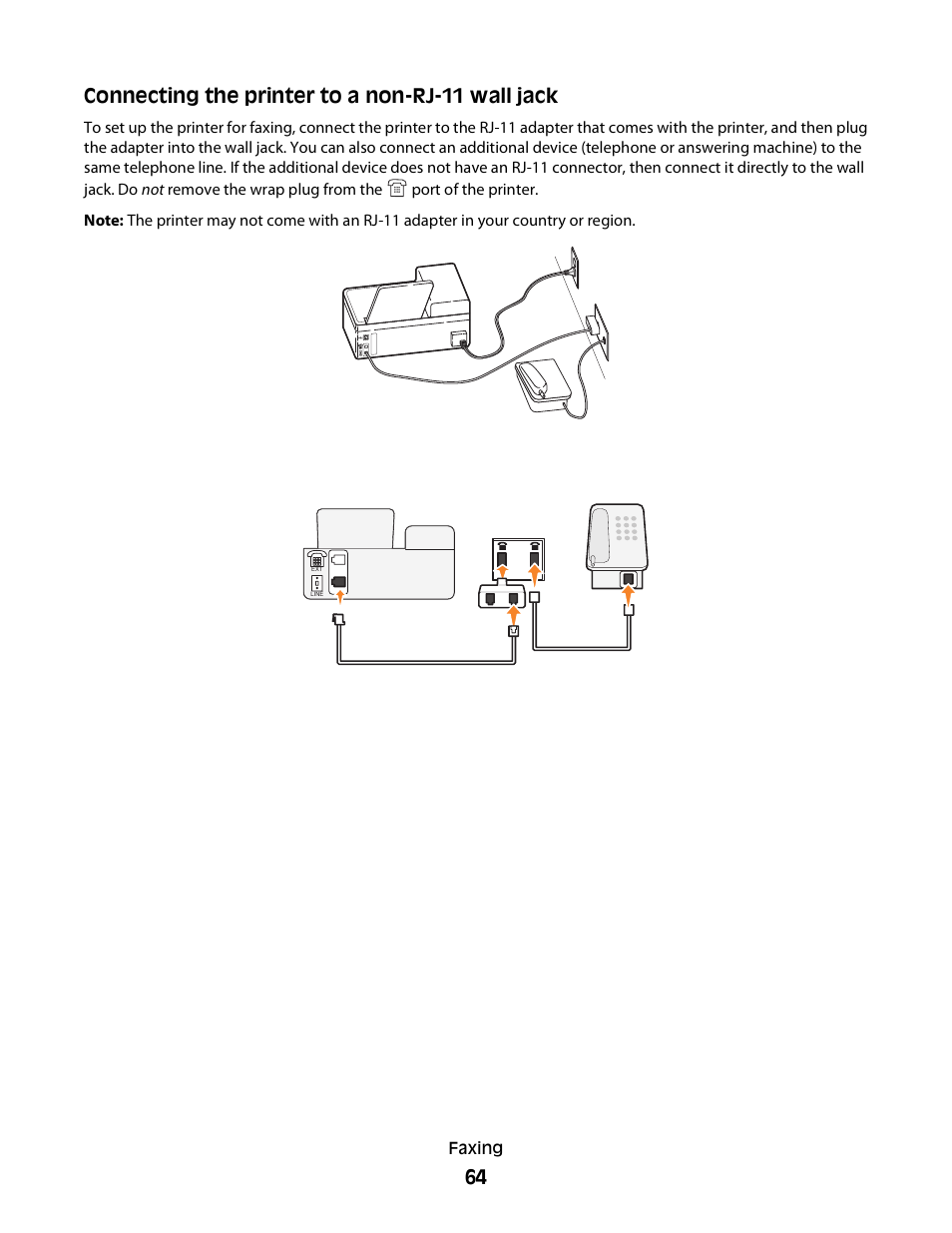 Connecting the printer to a non-rj-11 wall jack | Dell V515w All In One Wireless Inkjet Printer User Manual | Page 64 / 141