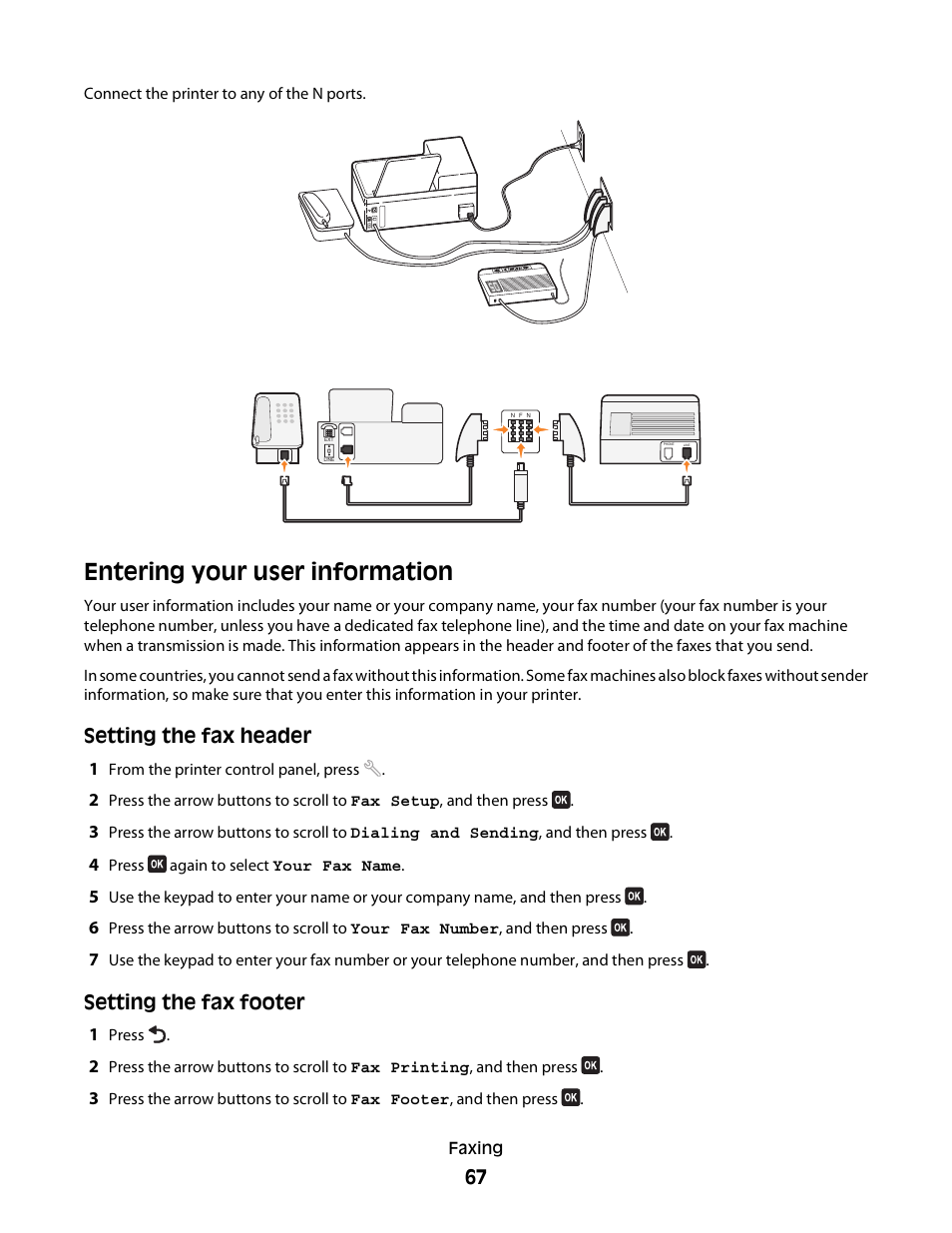 Entering your user information, Setting the fax header, Setting the fax footer | Dell V515w All In One Wireless Inkjet Printer User Manual | Page 67 / 141