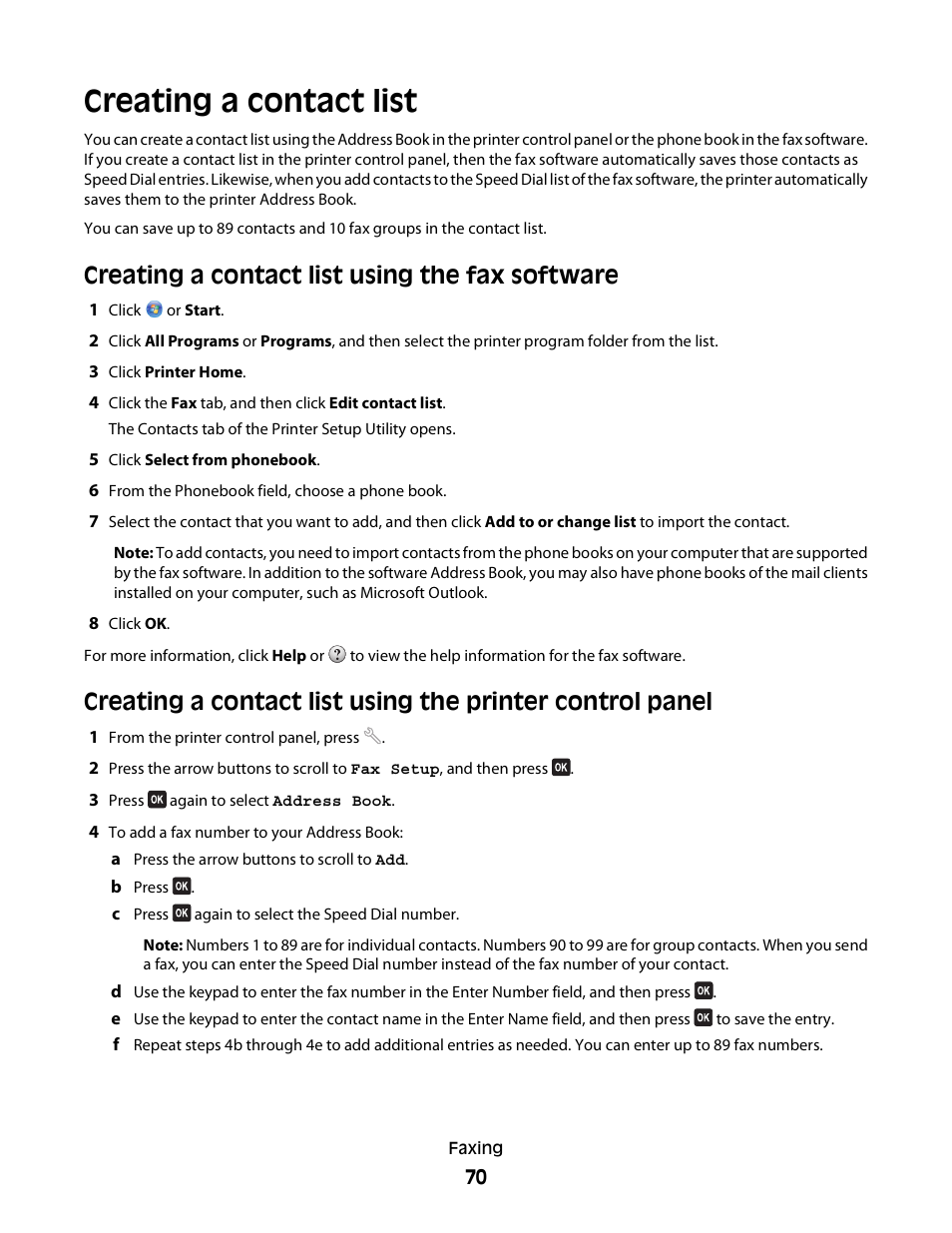 Creating a contact list, Creating a contact list using the fax software | Dell V515w All In One Wireless Inkjet Printer User Manual | Page 70 / 141