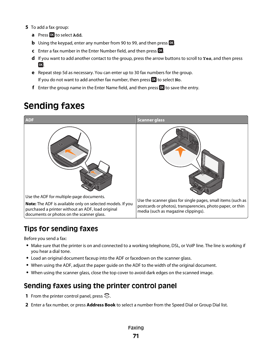 Sending faxes, Tips for sending faxes, Sending faxes using the printer control panel | Dell V515w All In One Wireless Inkjet Printer User Manual | Page 71 / 141