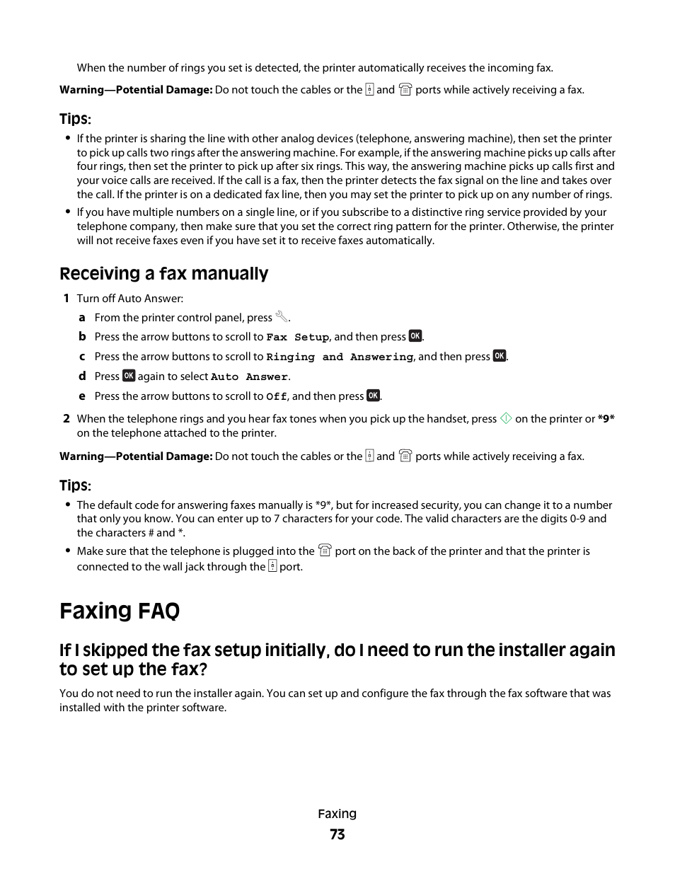 Receiving a fax manually, Faxing faq | Dell V515w All In One Wireless Inkjet Printer User Manual | Page 73 / 141