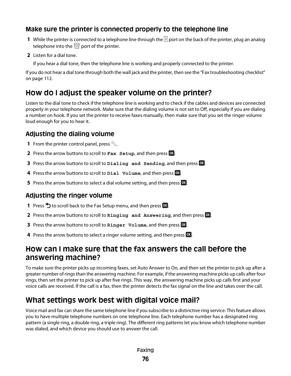 How do i adjust the speaker volume on the printer, What settings work best with digital voice mail | Dell V515w All In One Wireless Inkjet Printer User Manual | Page 76 / 141