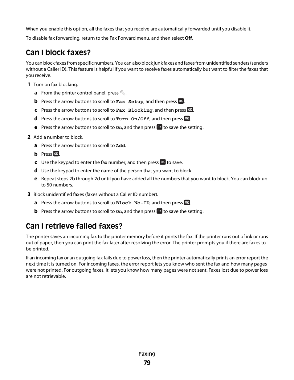 Can i block faxes, Can i retrieve failed faxes | Dell V515w All In One Wireless Inkjet Printer User Manual | Page 79 / 141
