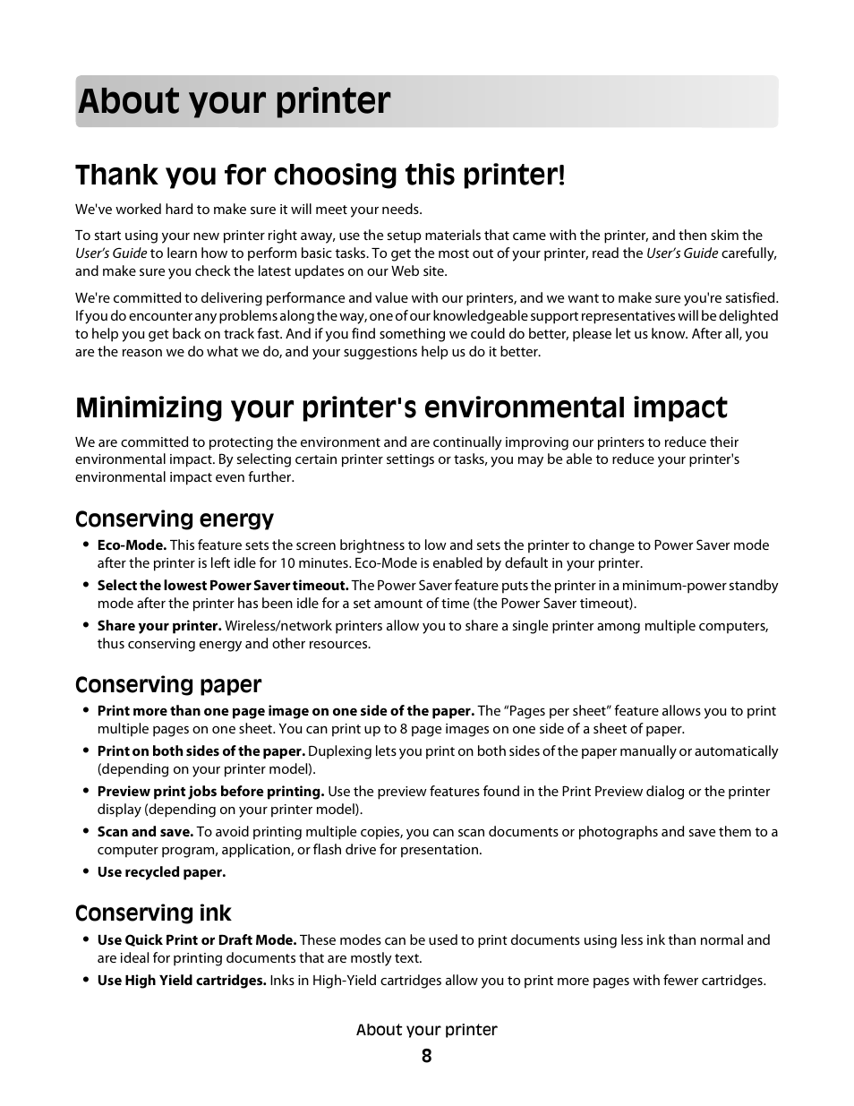 About your printer, Thank you for choosing this printer, Minimizing your printer's environmental impact | Conserving energy, Conserving paper, Conserving ink | Dell V515w All In One Wireless Inkjet Printer User Manual | Page 8 / 141