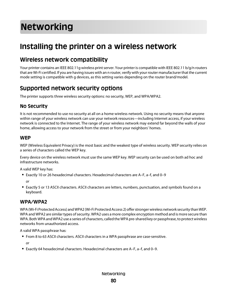 Networking, Installing the printer on a wireless network, Wireless network compatibility | Supported network security options | Dell V515w All In One Wireless Inkjet Printer User Manual | Page 80 / 141