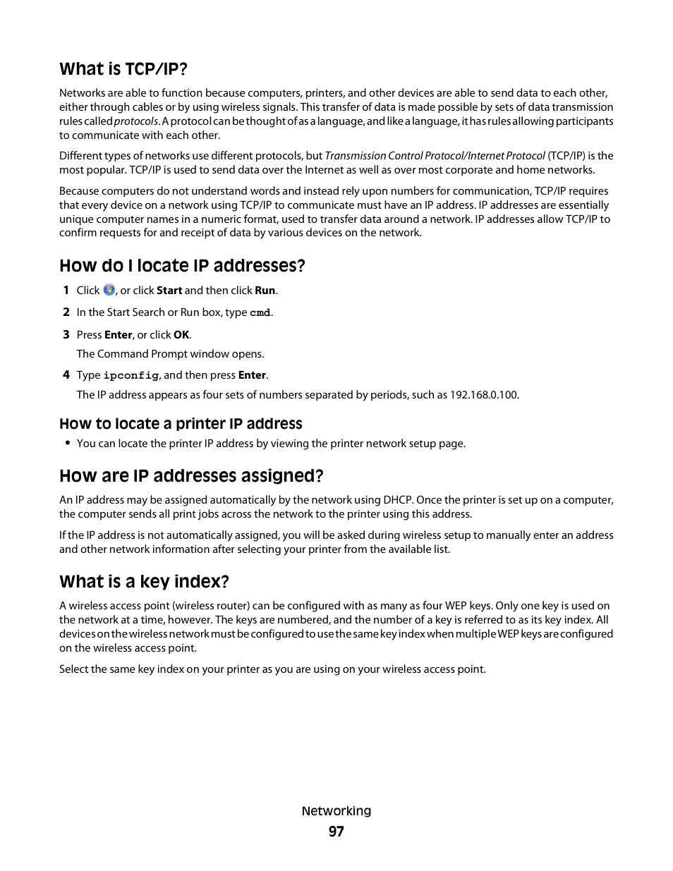 What is tcp/ip, How do i locate ip addresses, How are ip addresses assigned | What is a key index | Dell V515w All In One Wireless Inkjet Printer User Manual | Page 97 / 141