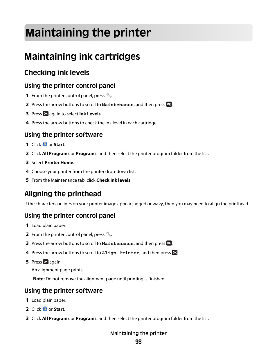 Maintaining the printer, Maintaining ink cartridges, Checking ink levels | Aligning the printhead | Dell V515w All In One Wireless Inkjet Printer User Manual | Page 98 / 141