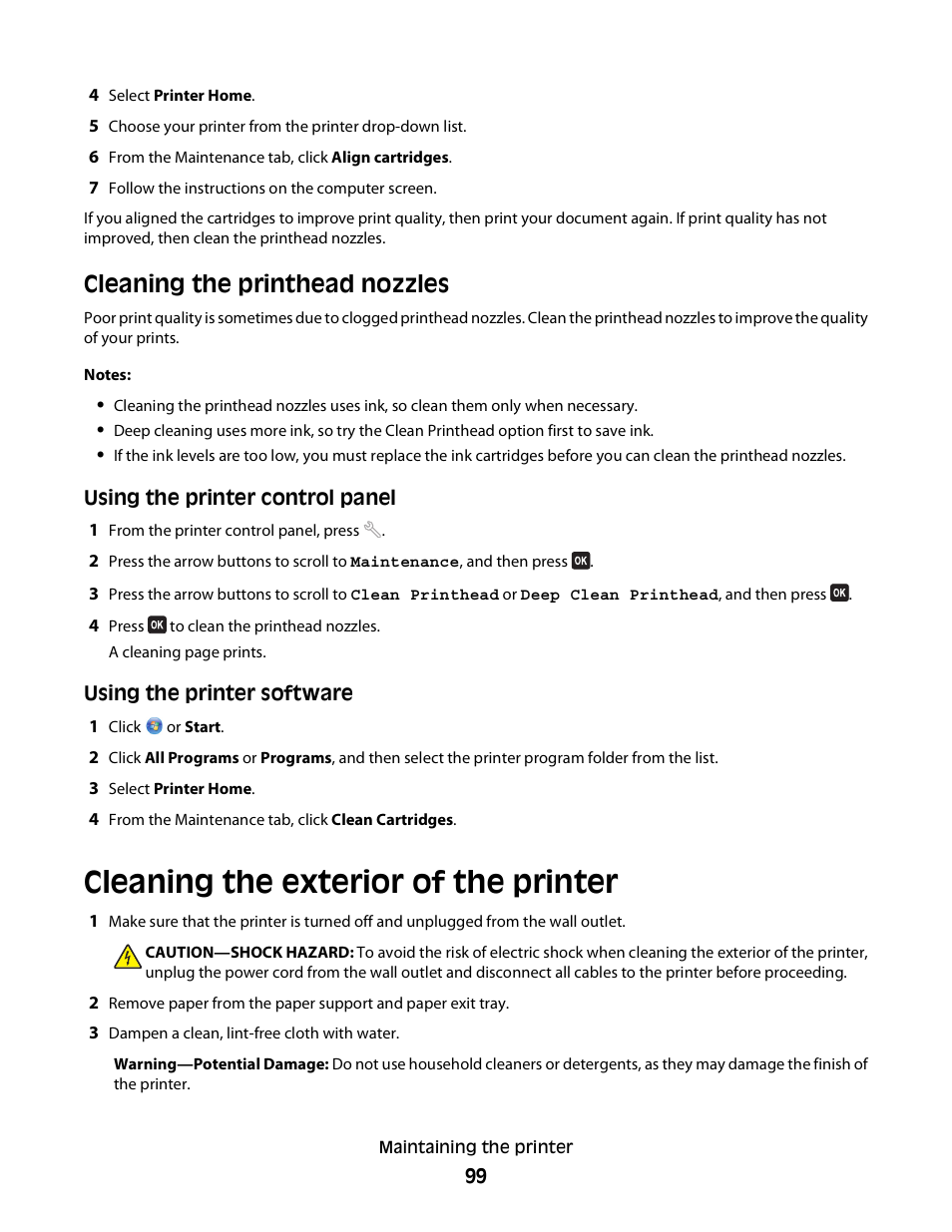 Cleaning the printhead nozzles, Cleaning the exterior of the printer | Dell V515w All In One Wireless Inkjet Printer User Manual | Page 99 / 141