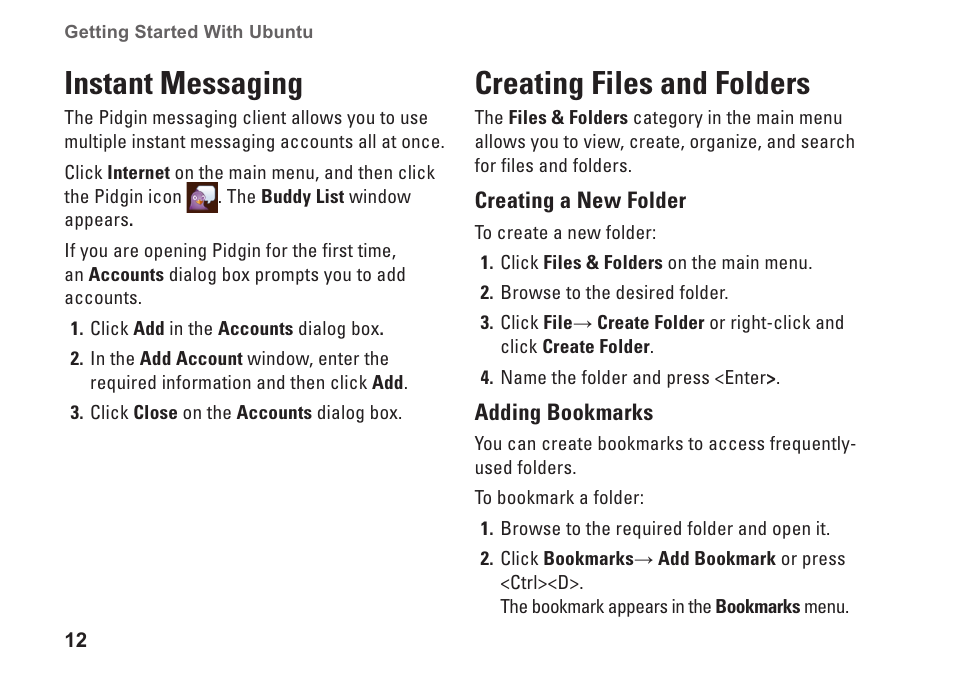 Instant messaging, Creating files and folders, Instant messaging creating files and folders | Dell Inspiron Zino HD (400, Late 2009) User Manual | Page 14 / 24
