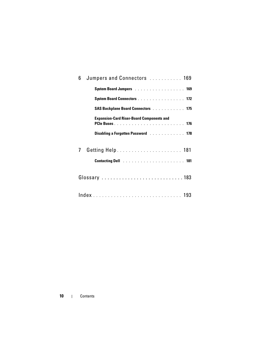 6jumpers and connectors, 7getting help, Glossary index | Dell PowerVault DL2100 User Manual | Page 10 / 200