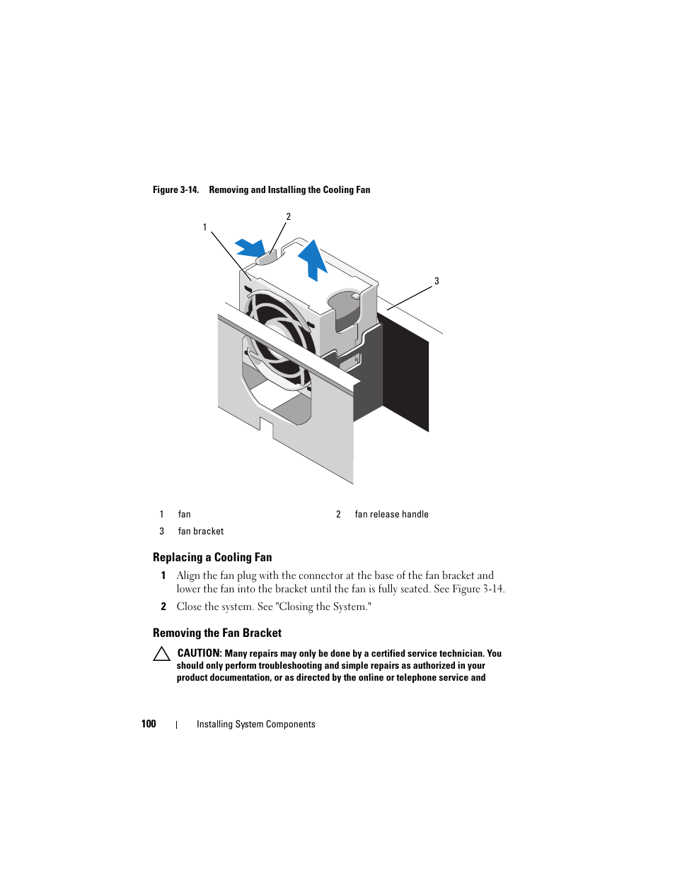 Replacing a cooling fan, Removing the fan bracket | Dell PowerVault DL2100 User Manual | Page 100 / 200