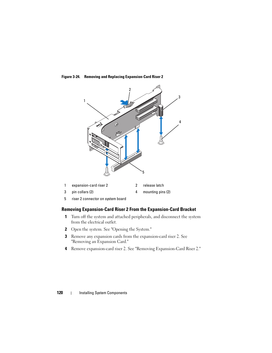 Straight up to clear the chassis. see figure 3-24, Latches on the riser the engage. see figure 3-24 | Dell PowerVault DL2100 User Manual | Page 120 / 200
