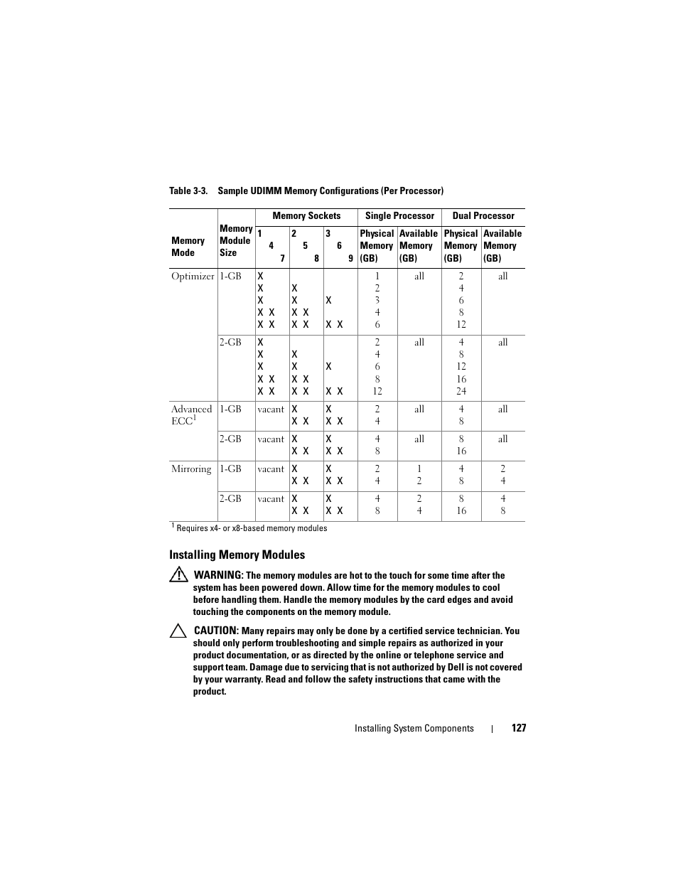 Installing memory modules, Installing memory modules" or | Dell PowerVault DL2100 User Manual | Page 127 / 200