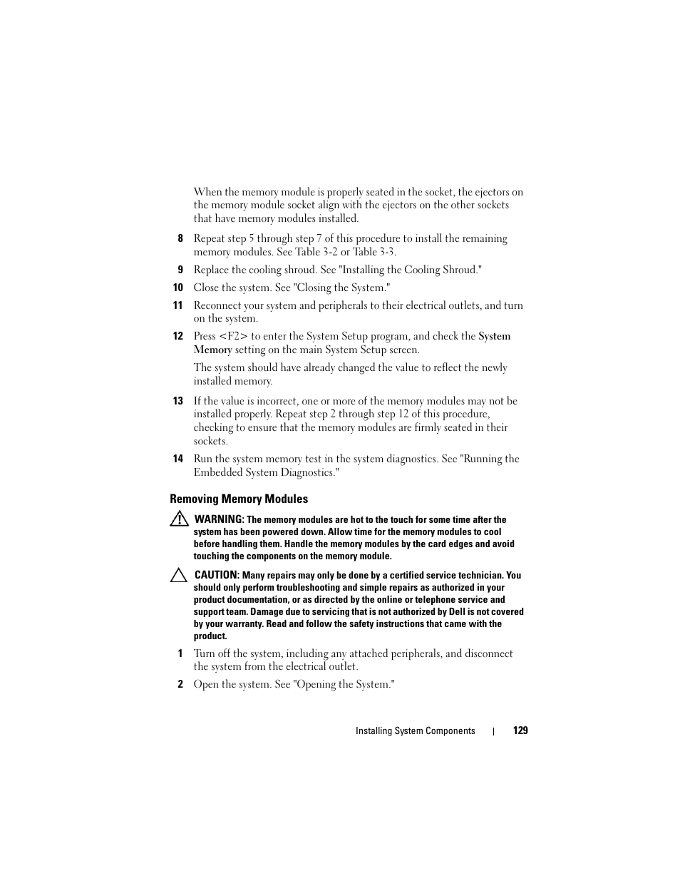 Removing memory modules | Dell PowerVault DL2100 User Manual | Page 129 / 200