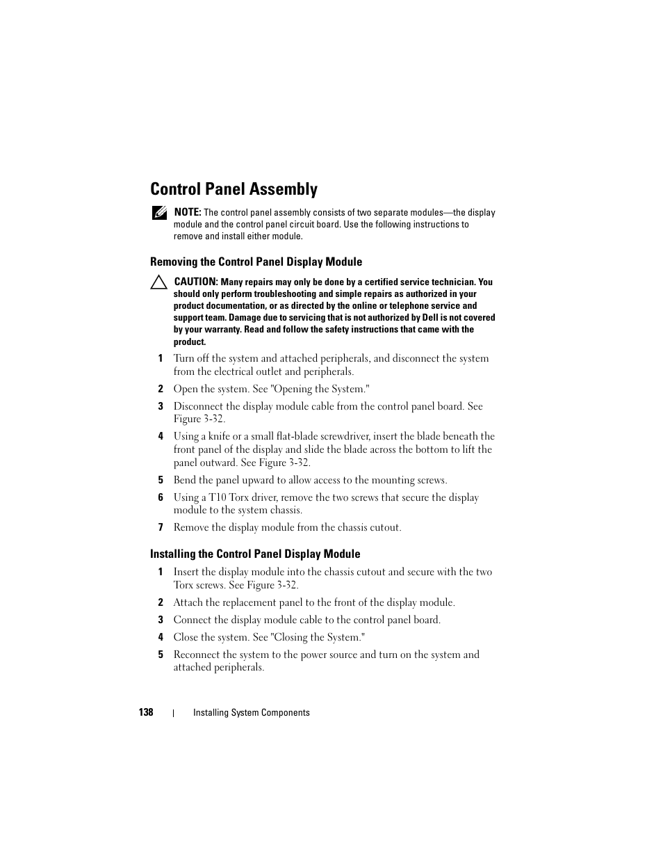 Control panel assembly, Removing the control panel display module, Installing the control panel display module | Dell PowerVault DL2100 User Manual | Page 138 / 200