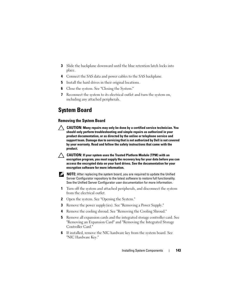 System board, Removing the system board | Dell PowerVault DL2100 User Manual | Page 143 / 200