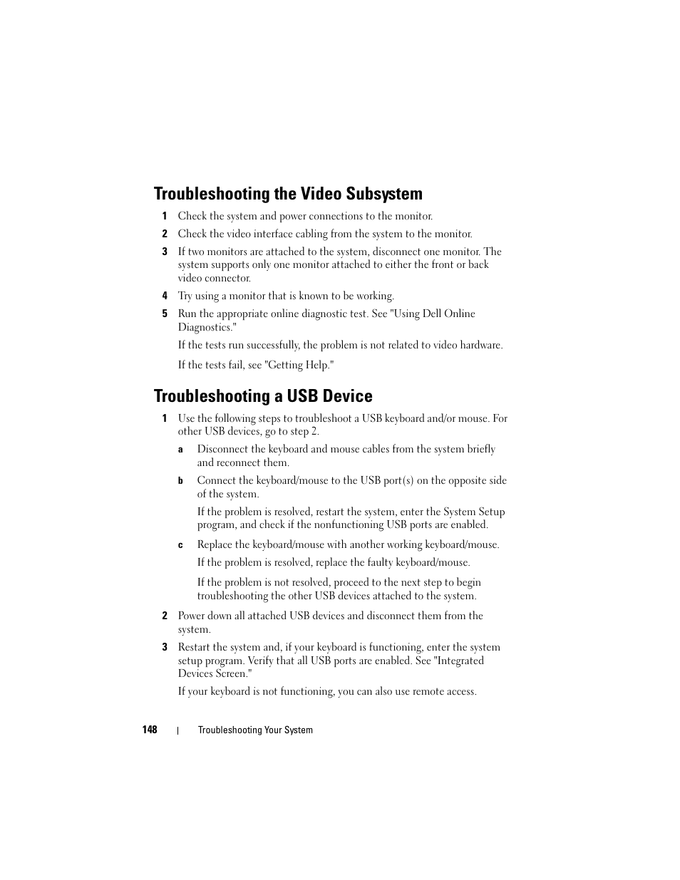 Troubleshooting the video subsystem, Troubleshooting a usb device, Roubleshooting a usb device | Troubleshooting a usb device," "t, Troubleshooting a usb device" or "t | Dell PowerVault DL2100 User Manual | Page 148 / 200