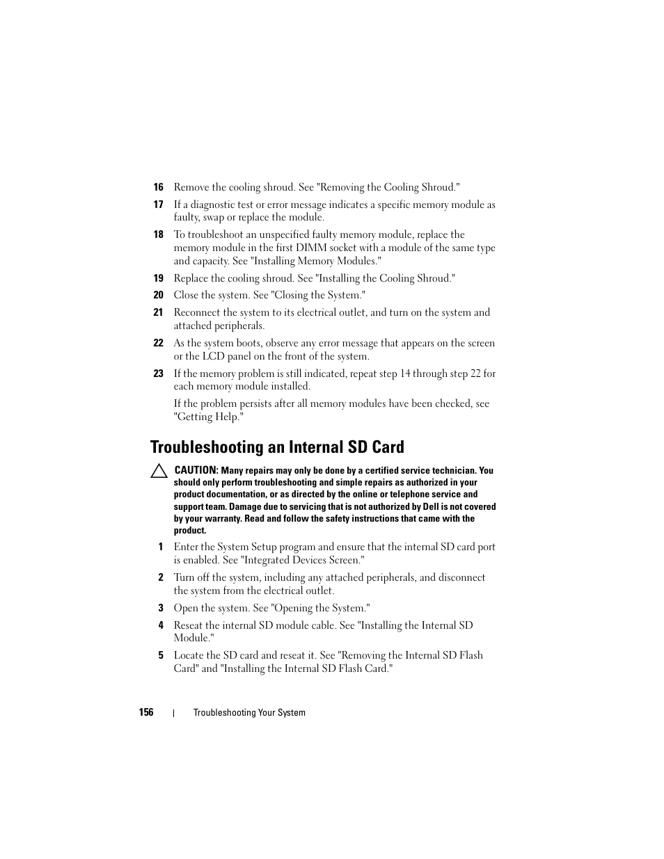 Troubleshooting an internal sd card, Troubleshooting an internal sd card," "t, Roubleshooting an internal sd card," and | Dell PowerVault DL2100 User Manual | Page 156 / 200